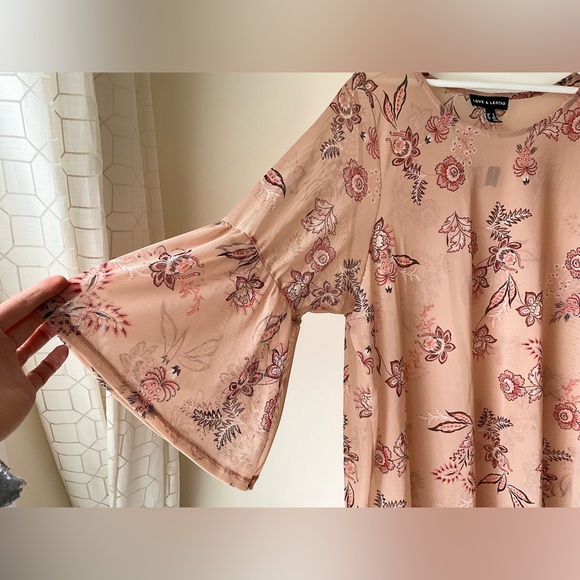 NWT Love and Legend nude mesh top with floral print and bell sleeves. - Picture 7 of 14